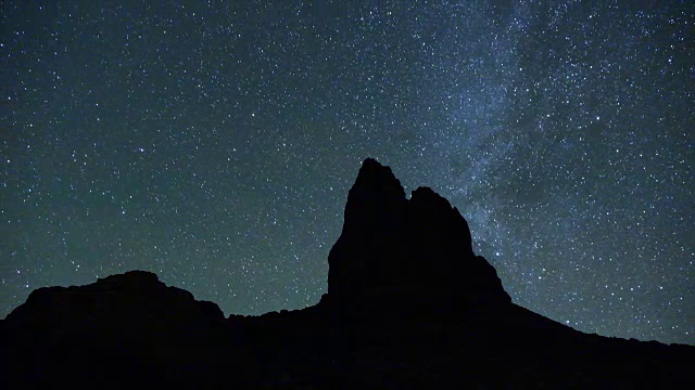 夜晚时光流逝:令人惊叹的星夜，星星在山顶上旋转视频素材