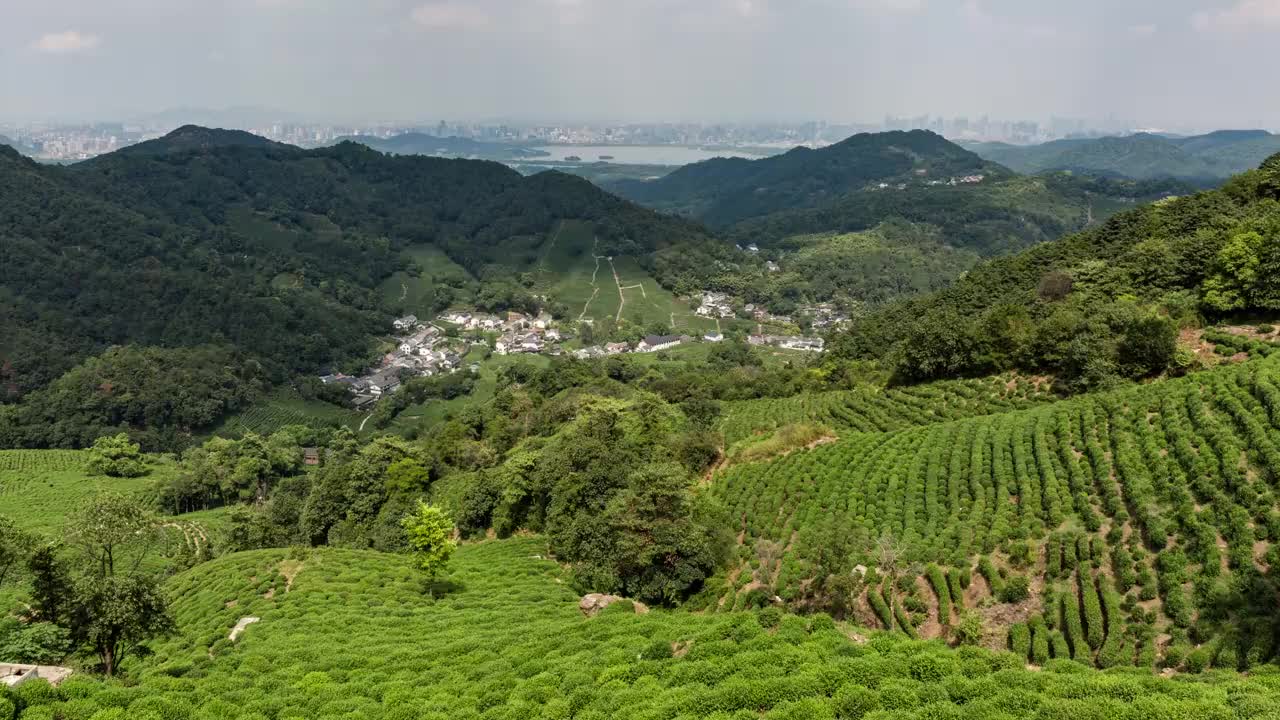 4K延时:被茶园包围的龙井村，中国杭州天际线视频素材