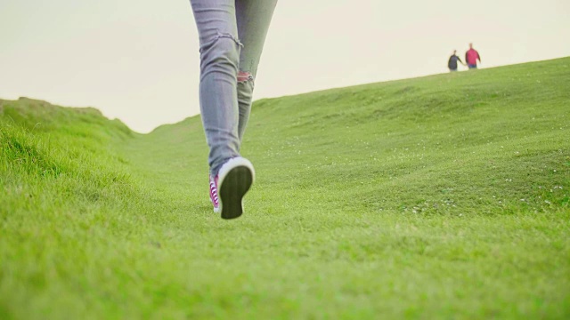 年轻女性背包客走在草地上视频素材