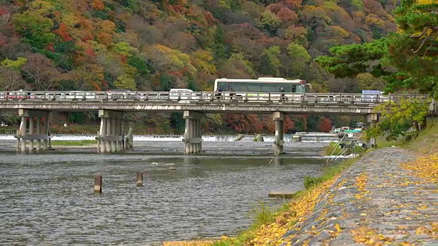 游客在日本京都岚山秋日参观月桥视频素材