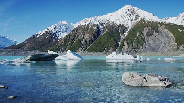 冰山漂浮在冰川泻湖与雪山的背景视频素材