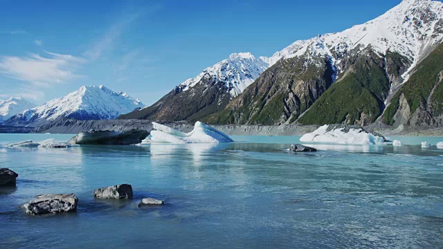 冰山漂浮在冰川泻湖与雪山的背景视频素材