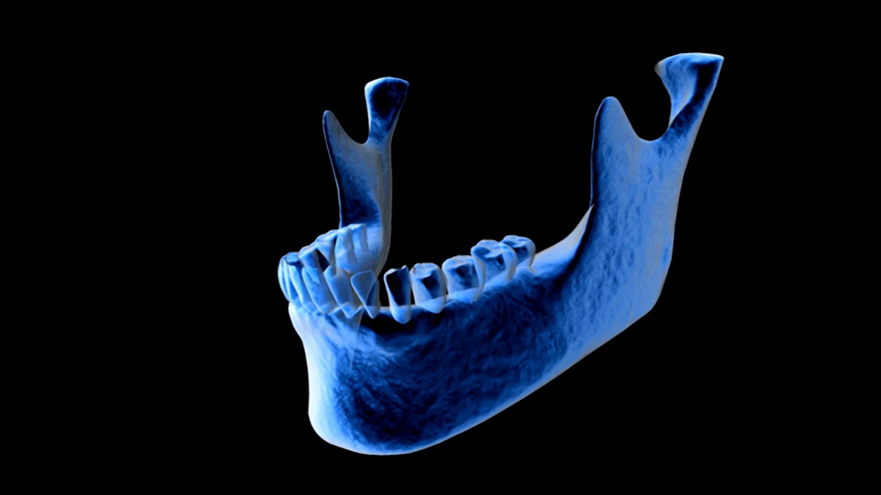 动画描绘了一个小旋转的下颌和牙齿，在x光视图。视频素材