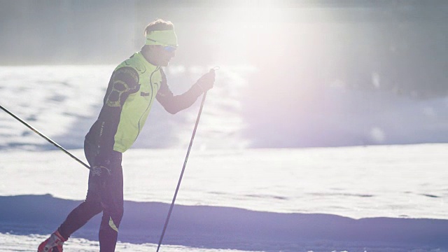 越野滑雪者在田园诗般的冬季风景滑雪轨道上视频素材