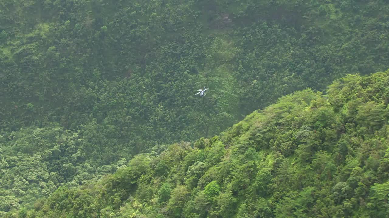 WS空中TS直升机飞越郁郁葱葱的山/夏威夷，美国视频素材