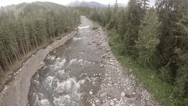 山涧在岩石和树木之间流淌。鸟瞰图视频素材