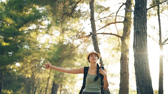 旅行者女人搭便车在一个阳光明媚的森林道路。旅游女孩找车开始她的旅程视频素材