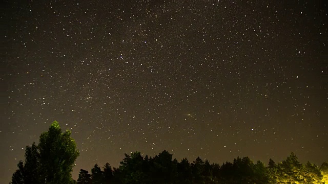 树木上方夜空中的移动星星。时间流逝视频素材