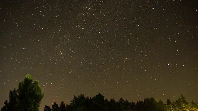 树木上方夜空中的移动星星。时间流逝视频素材