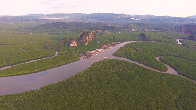 鸟瞰图的红树林在泰国，攀雅省，飞越红树林与美丽的阳光在早上视频素材