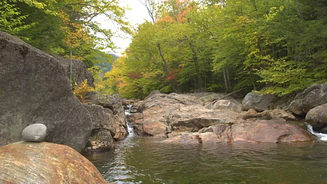 特写:河流流入峡谷与水池，急流和巨大的岩石在河床视频素材