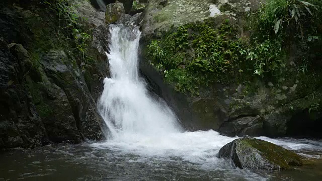 一个小瀑布的特写，从流动的河流在热带森林与声音视频下载