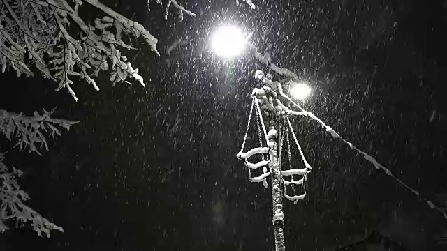 冬雪大风雪，夜里配灯柱视频素材