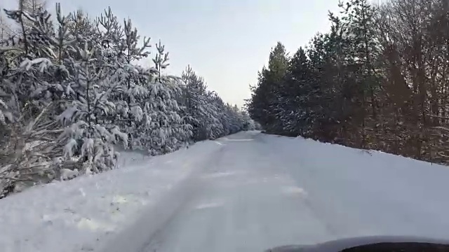 汽车和雪花在冬天的森林道路上有很多雪视频素材