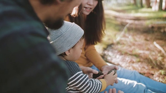 婴儿抱松果与家人在森林。视频素材