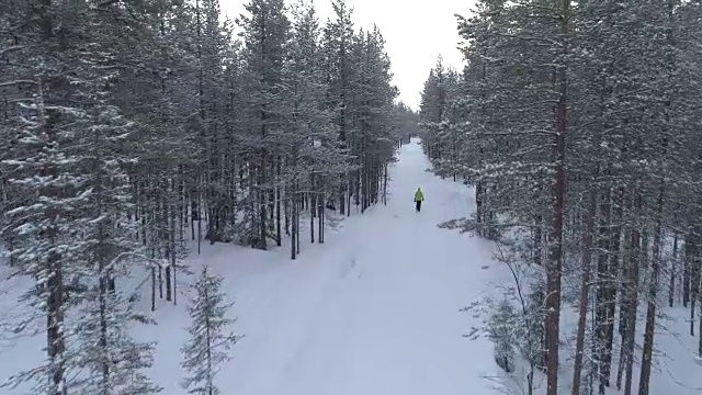 空中特写:在冰雪覆盖的冬季森林里，一个面目全非的女人走在结冰的道路上视频素材