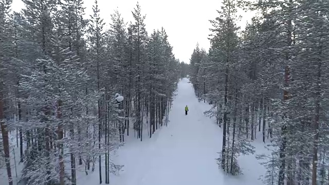 空中，近距离:一个不认识的人走在冰雪森林的道路上视频素材