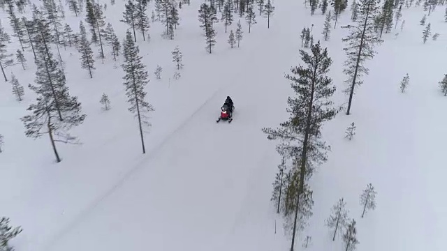 近景:游客在白色芬兰的冬季山地森林里驾驶雪地摩托视频素材