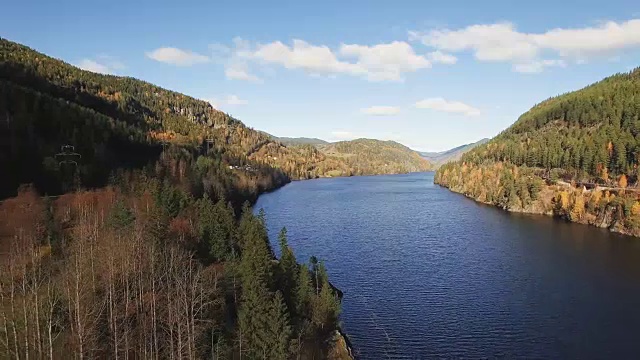 向后飞行的河流和树木与秋天的风景背景。视频素材