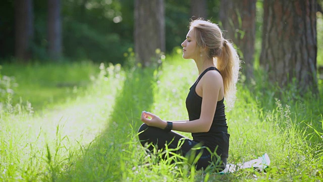 在公园里做瑜伽的女人。她以莲花的姿势坐着视频素材