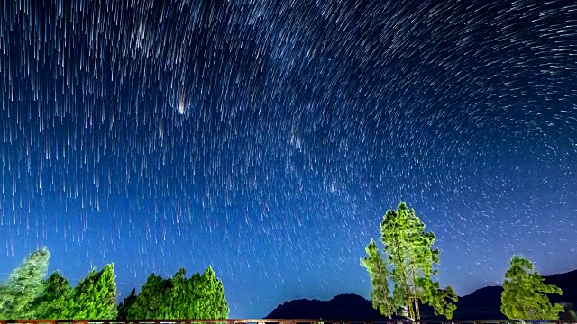 夜间星星在山上和树上的轨迹(倾斜拍摄)视频素材