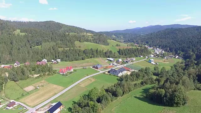 波兰山区夏季的鸟瞰图。松树林和蓝天白云。从以上观点。视频素材