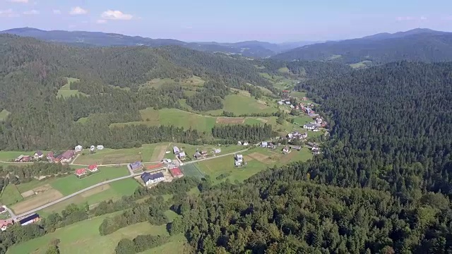 波兰山区夏季的鸟瞰图。松树林和蓝天白云。从以上观点。视频素材