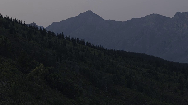 清晨雾气蒙蒙的Stellenbosch山谷，以山脉为背景，以Fynbos为前景/西开普/南非视频素材