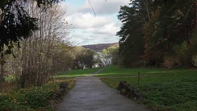 鸟瞰城市公园河滨或湖岸的秋季景观。黄色的桦树和柳树在绿色的冷杉和松树之间。五颜六色的树叶的树。成熟的秋天。树在风中摇摆。秋天的城市森林公园里，金色的树叶飘落在地上视频素材