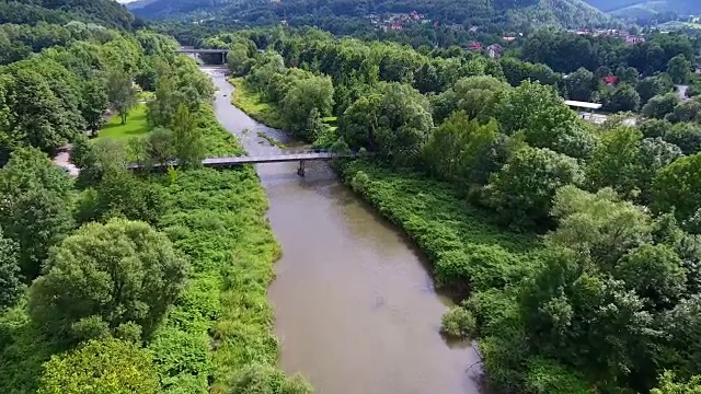 山河和绿色的河岸从上面。视频素材