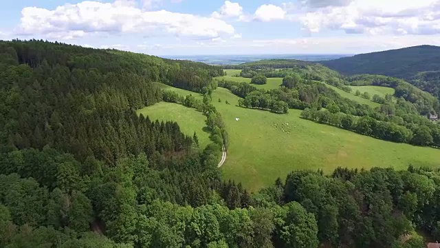 鸟瞰图的夏季时间在山脉附近的Czarna Gora山在波兰。松树林和蓝天白云。从以上观点。视频素材