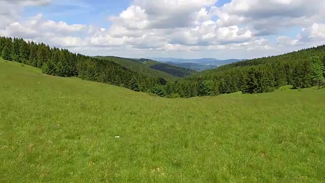 鸟瞰图的夏季时间在山脉附近的Czarna Gora山在波兰。松树林和蓝天白云。从以上观点。视频素材