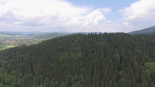 鸟瞰图的夏季时间在山脉附近的Czarna Gora山在波兰。松树林和蓝天白云。从以上观点。视频素材