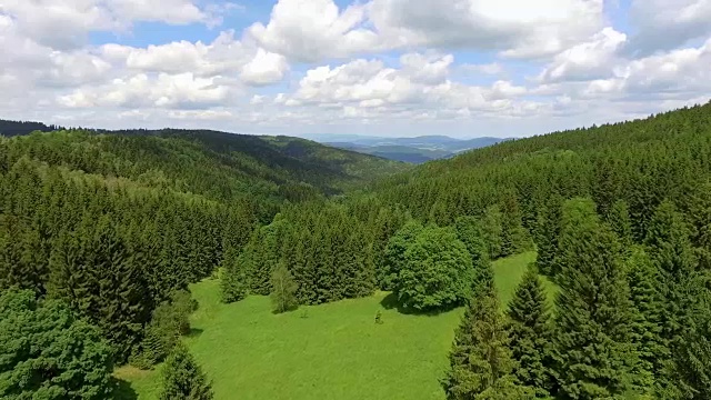 鸟瞰图的夏季时间在山脉附近的Czarna Gora山在波兰。松树林和蓝天白云。从以上观点。视频素材