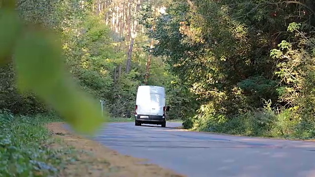 小货车沿着森林道路行驶。视频素材