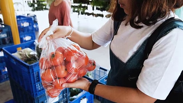 年轻女子在商店挑选蔬菜视频素材