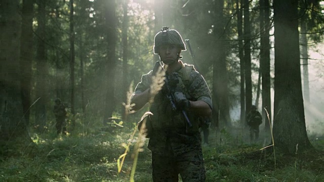 全副武装的士兵站在森林中央，被薄雾所覆盖。视频素材