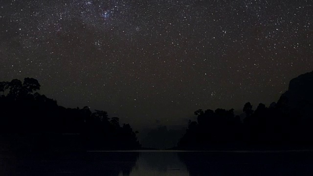 星星在被雨林包围的湖面上移动视频素材