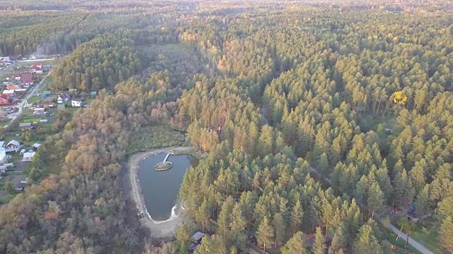 鸟瞰森林中的池塘，秋天的时候。自然和景观，鸟瞰图的森林和池塘，秋天的叶子，树叶，绿色植物和树木在一个荒野景观视频素材