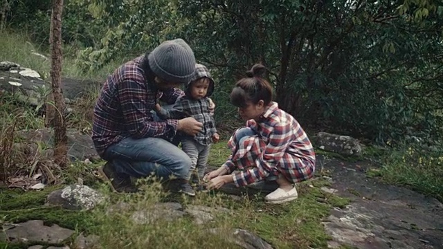 亚洲男婴和他的家人坐在森林里的木材上。视频素材