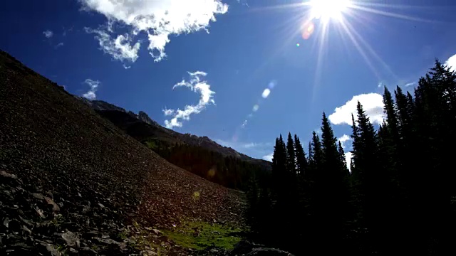 加拿大亚伯达省班夫市的落基山山谷上空，延时太阳漂移视频素材