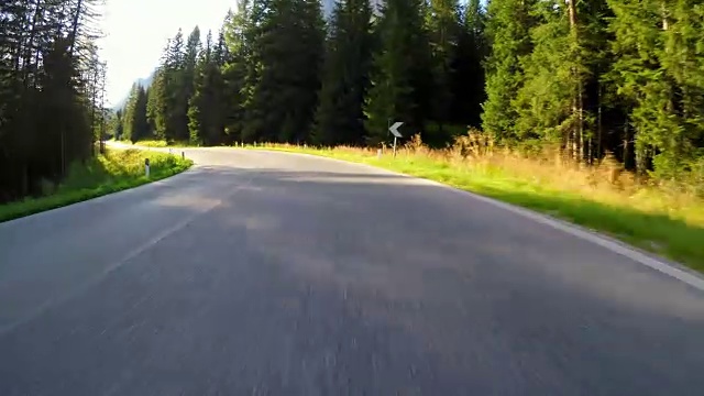 在蜿蜒的道路上行驶，穿过森林，阳光透过树木视频素材