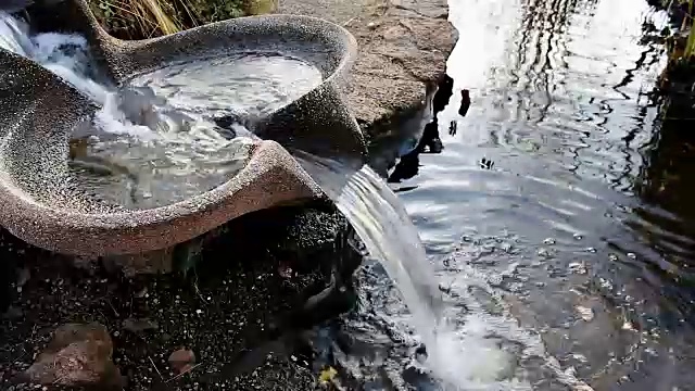 水从喷泉碗流入池塘视频素材