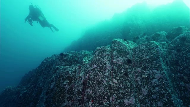 水下拍摄;在日本北海道沙戈滩半岛海岸附近的柱状接头附近游泳的潜水员。视频素材