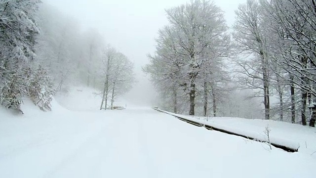 在冬天的时候，山上有一条空旷的雪覆盖的道路，两边都是树。视频素材