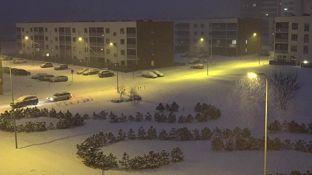 暴风雪在城市的夜晚。光街雪松。FullHD视频素材