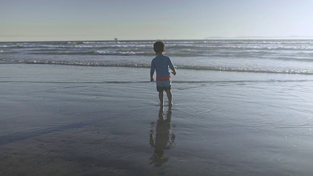 小男孩站在水里看海浪视频素材