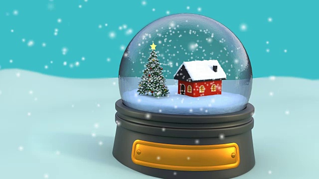 圣诞树和房子在雪花玻璃球雪花飘落。视频下载