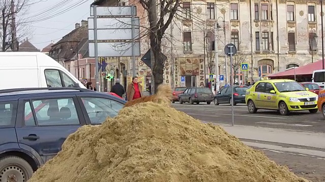 在道路工程附近的一堆沙子上休息的狗视频下载