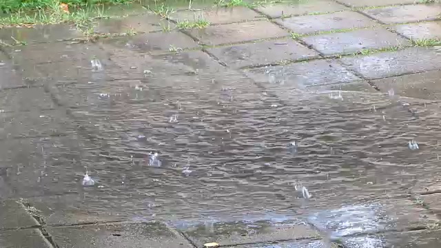 雨水溅在人行道上的水坑里视频下载